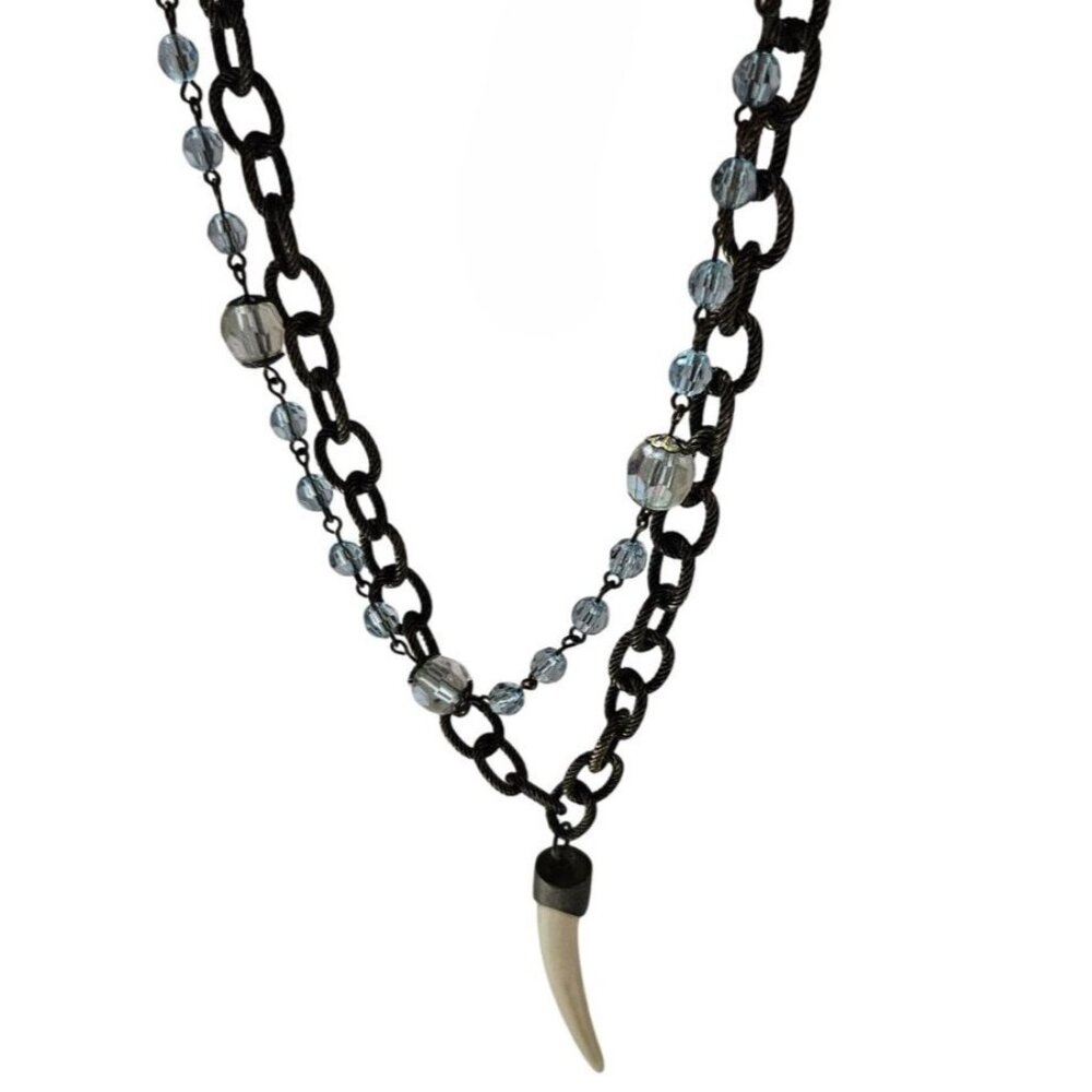 Vintage Faux Tooth Pendant Multi Strand Necklace Blue Crystal Beads Jewelry